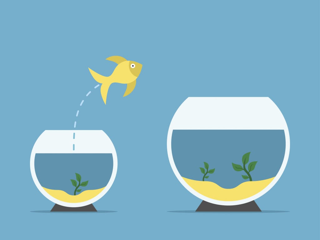 Gold fish jumping from little to large aquarium on blue background. Courage, risk and opportunity concept. Flat design. Vector illustration. EPS 8, no transparency